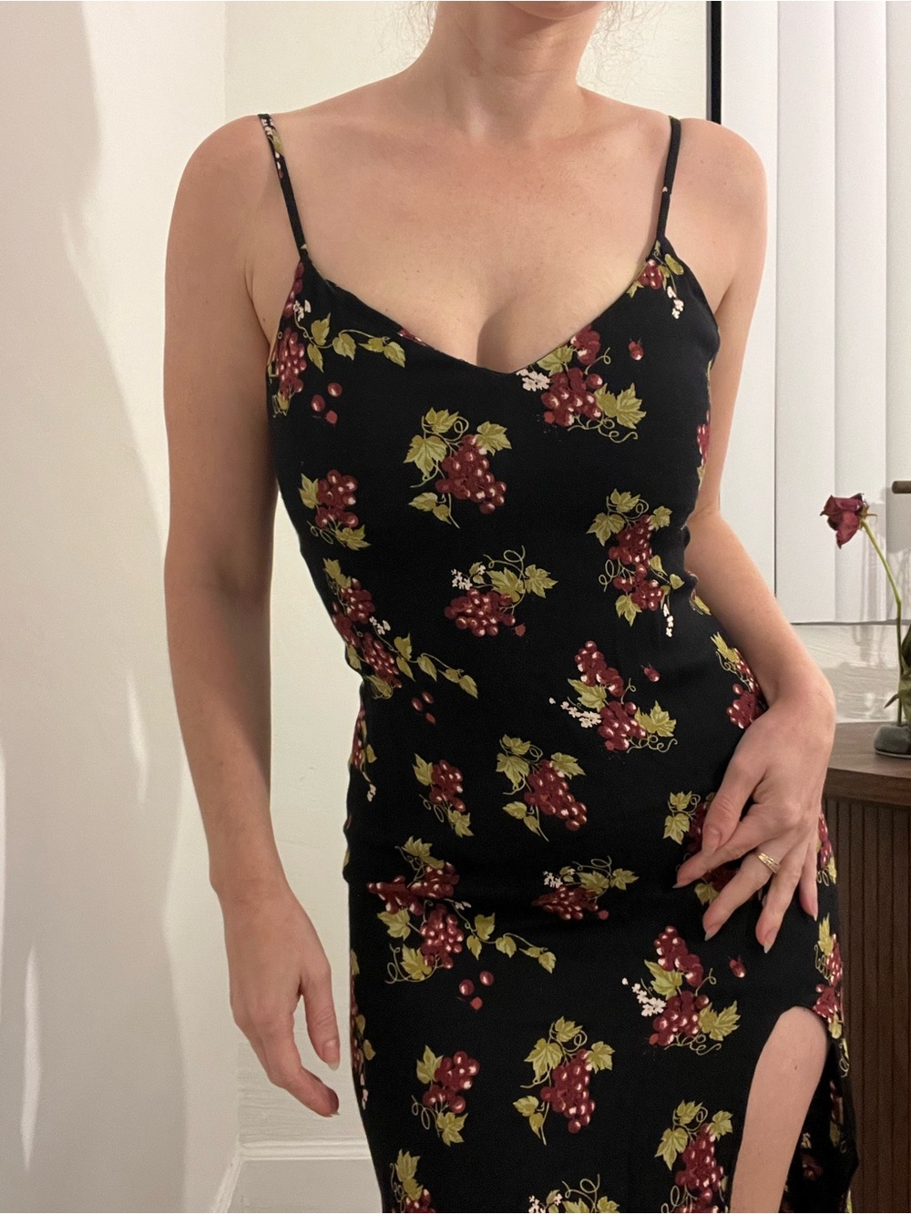Reformation grape slip dress with high leg slit